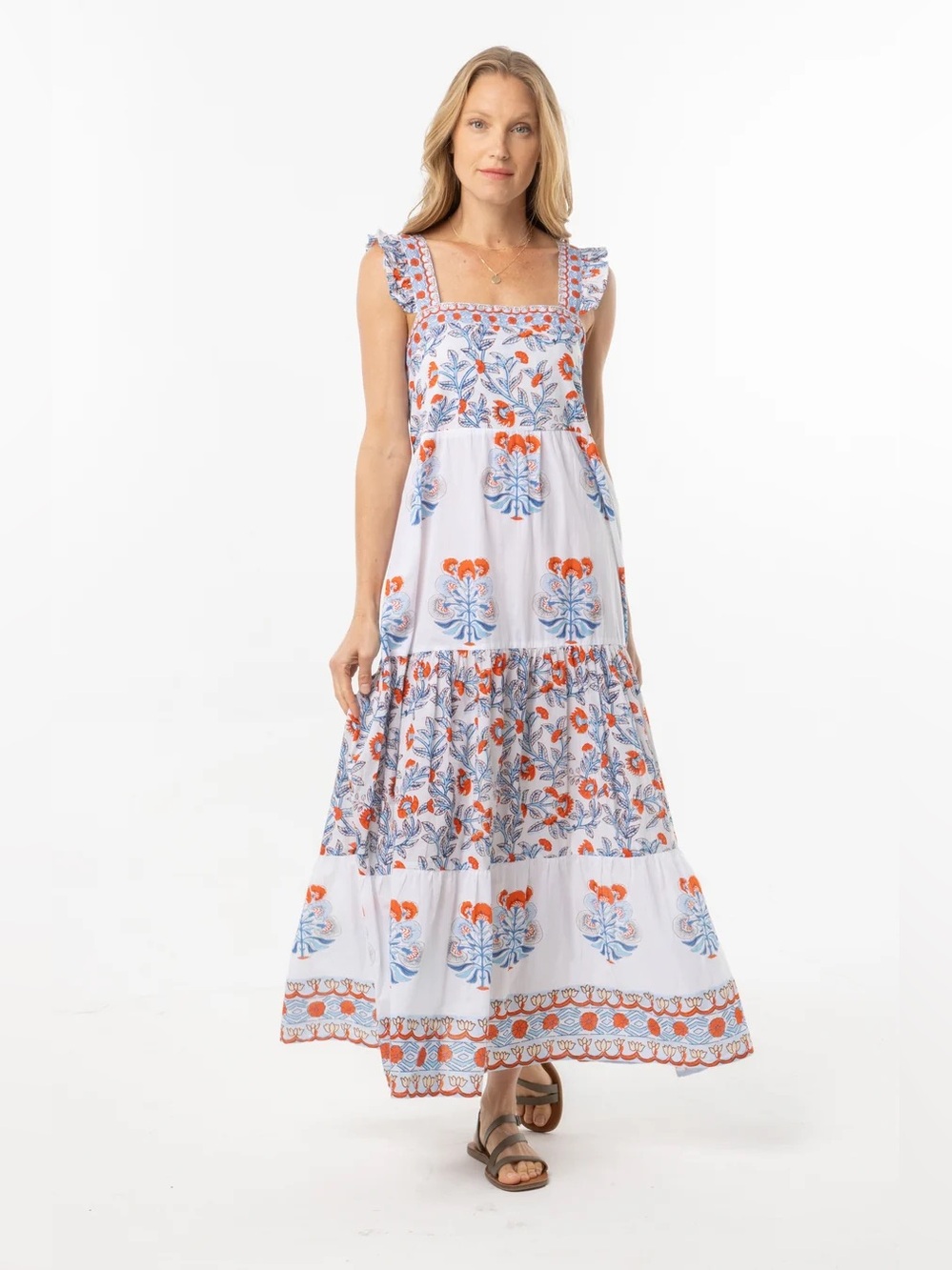Bindu Magda Dress Blue/Orange Floral Maxi, Size Large